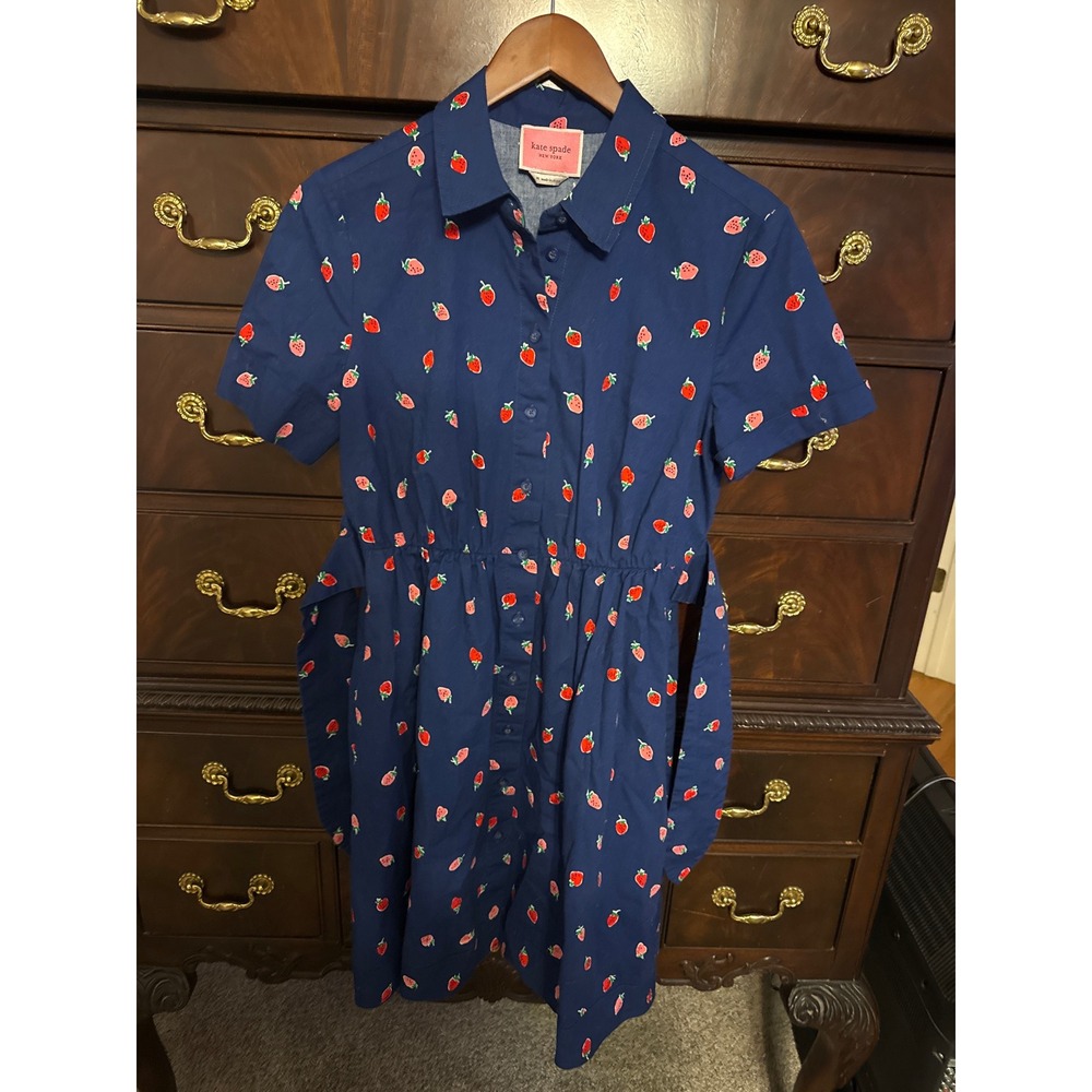 Kate Spade Navy Blue Strawberry Print Button Front Belted Shirt Dress M J219